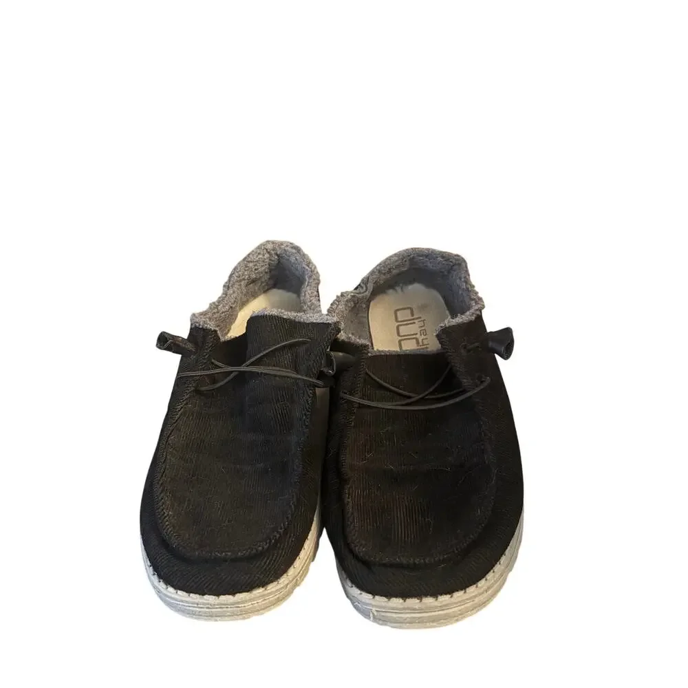 Hey Dude Wally Corduroy Black Faux Fur Lined Slip On Shoes Mens Size 10